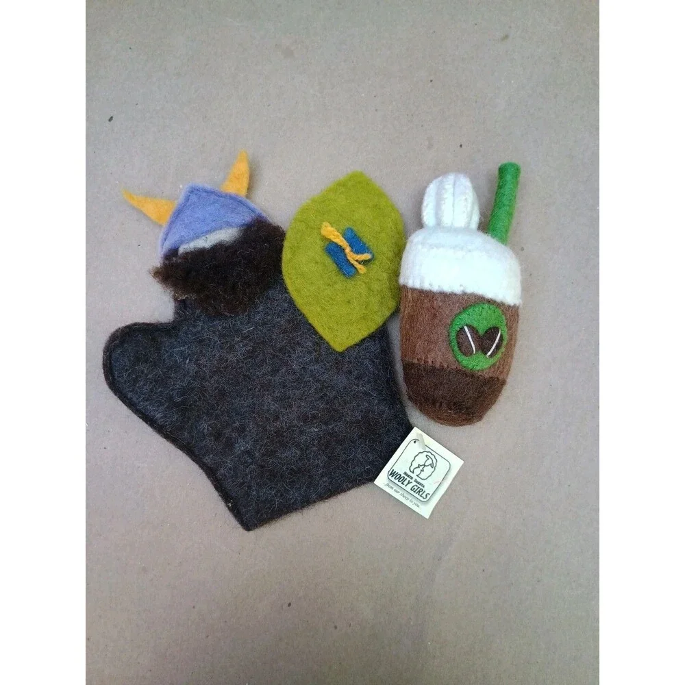 Wooly Girls Puppet And Coffee Latte Plush Felted Wool Knick Knack Viking
